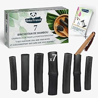 Rinko France | Binchotan Bamboo 7 Organic Activated Charcoal Sticks for Water Purification 100% Effective and Eco-Responsible, Anti-Bad and Elegant Bamboo Tongs and E-Book Included