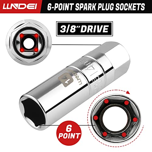Llndei 3/8-Inch Drive Spark Plug Socket Set 7Pcs, Sae & Metric, 5/8-Inch, 3/4-Inch, 13/16-Inch, 14Mm, 18Mm, Cr-V Steel Mirror Finish Sockets With Rubber Retaining Rings, Universal Joint, Extension Bar #TOP3