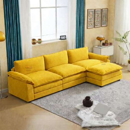 Image of SRMS Sectional Sofa Modern Deep 4 -Seat Sofa Couch | 3 + 1 ottoman | Chenille Sofa Sleeper Comfy Upholstered Furniture for Living Room, Apartment, Studio, Office | L Shape | Yellow