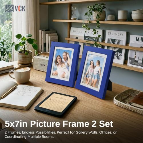 Image of VCK 5x7 Picture Frame 2 Pack, Blue Wood, 4x6 Mat, Glass, for Photo Print