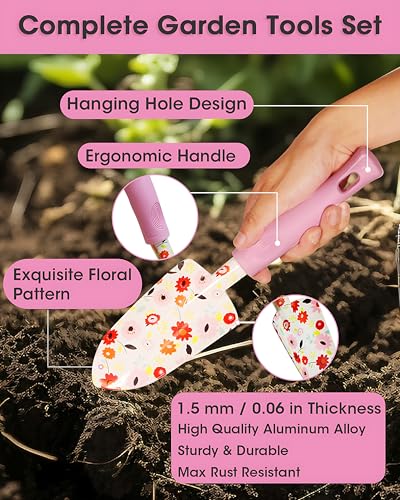 7 Piece Garden Tool Set, Heavy Duty Aluminum Alloy Garden Tools, Non-Slip Ergonomic Handle Gardening Tools, Gardening Hand Tools with Gloves, Tote Bag, Floral Print, Gardening Set for Women
