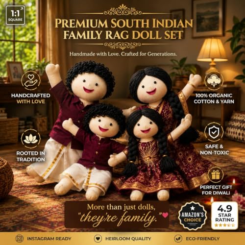 Image of Maroon Traditional Family Handcrafted Indian Rag Doll Set, Soft Cotton Fabric & Yarn Hair South Indian Cloth Dolls, Handmade Fabric Dolls for Kids, Decor & Gift (Set of 4)