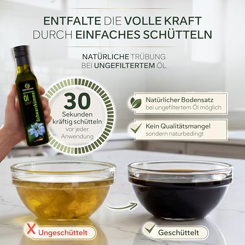 Kräuterland Schwarzkümmelöl 1L (1000ml), ungefiltert, Kaltgepresst, 100% Nigella Sativa, ohne Zusatz von Aromen, Frabstoffe & Konservierungsstoffe - direkt aus unsrer hessischen Ölmühle
