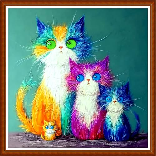 Image of Joyhoor Stamped Cross Stitch Kits for Beginners Needlepoint Kits for Adults Embroidery Kits 11CT Counted Cross Stitch Kits Printed Embroidery Pattern-Four Colorful Cats 18x18 inchs