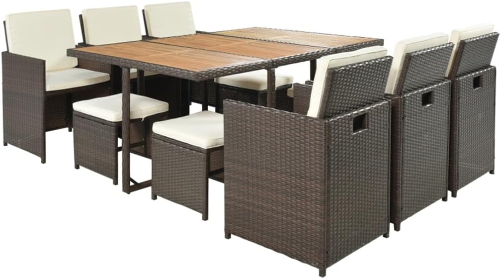 11-Piece Patio All-Weather PE Wicker Dining Table Set with Wood Tabletop for 10