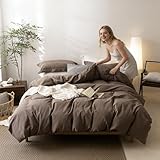 Picture of BDEAR Linen Feel Light Chocolate Brown Duvet Cover Super Queen Size 98'' L x 90'' W, Percale 100% Washed Cotton Duvet Cover with Zipper Closure Plus 2 Pillowcases, Oeko TEX Standard Certificated