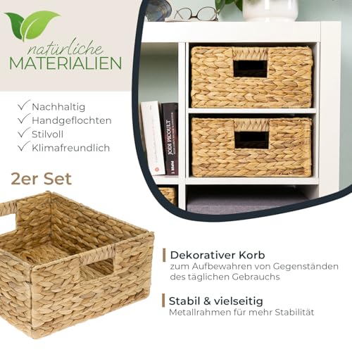 HMF Aufbewahrungskorb passend für KALLAX halbes Fach, Korb geflochten aus Wasserhyazinthe mit Griffen | 2er Set | 30 x 34 x 15 cm | Natur