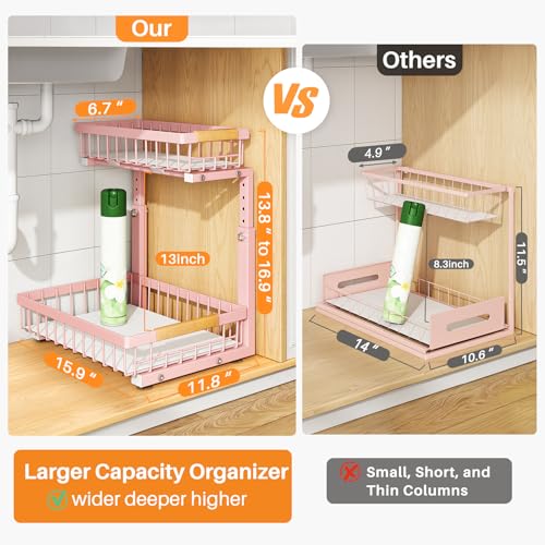 Image of PXRACK Under Sink Organizer, Adjustable Height, 2 Tier Pull Out Under Cabinet Organizer, Slide Out Thickened Metal Under Sink Storage for Kitchen Bathroom Laundry Pantry Cabinet, Pink, Large-1-Pack