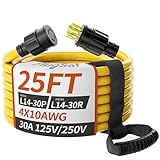 PlugSaf 25FT 30 Amp Generator Extension Cord 4 Prong, NEMA L14-30P/L14-30R 10 Gauge STW 125/250V Twist Lock Generator Cord Heavy Duty, Yellow ETL Listed