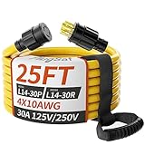 PlugSaf 25FT 30 Amp Generator Extension Cord 4 Prong, NEMA L14-30P/L14-30R 10 Gauge STW 125/250V Twist Lock Generator Cord Heavy Duty, Yellow ETL Listed