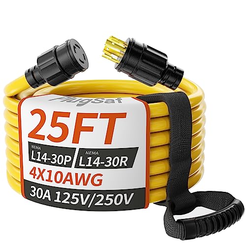 25FT 30 Amp Generator Extension Cord 4 Prong, NEMA L14-30P/L14-30R 10 Gauge STW 125/250V Twist Lock Generator Cord Heavy Duty, Yellow ETL Listed PlugSaf