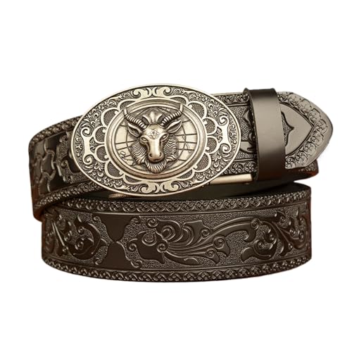 Ratchet Cowboy Belt, Western Belts for Men with Automatic Buckle, Embossed Leather Belt for Jeans