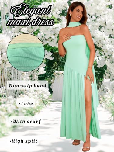 Women's Maxi Tube Dress with Scarf, Drop Waist High Slit Formal Prom, Wedding Guest Cocktail Party Gown2