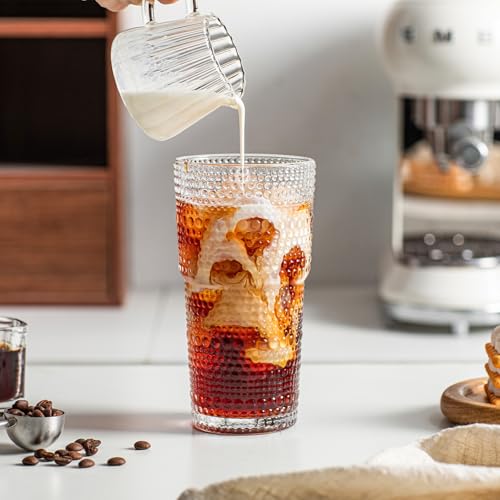 Image of INSETLAN 20oz Hobnail Glass Cups with Lids and Glass Straws - 4 Pieces, Thick-Walled Glass Tumblers for Iced Coffee, Smoothies, Milk, Water, Juice, and More - Elegant and Durable Drinking Glasses