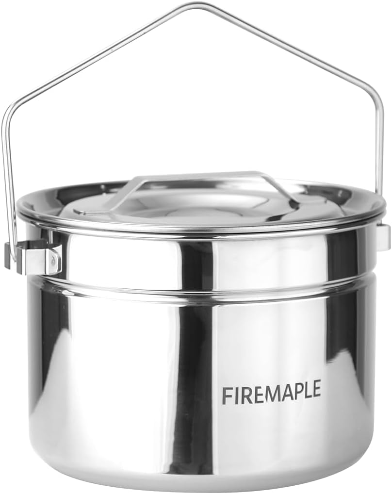 1.8L Camping Pot Stainless Steel Hanging Pot with Steamer Basket Campfire Pot with Foldable Handle for Outdoor Cooking Bushcraft