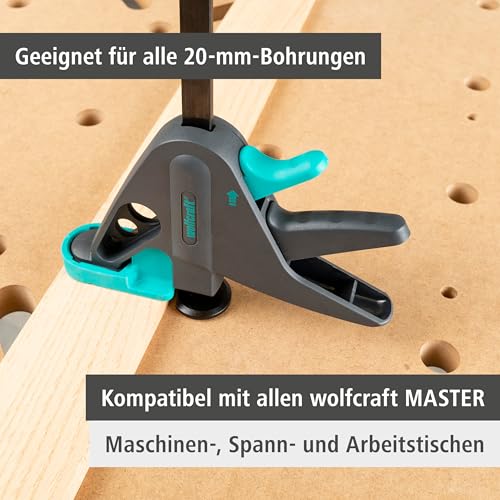 wolfcraft Werktischspanner PRO 65-150-W - Zum Spannen auf allen Tischen mit 20-mm-Bohrungen - 90 kg Spannkraft - Made in Europe - 3036000
