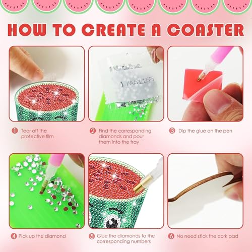 Image of 9 Pcs Watermelon Shaped Diamond Painting Coasters Set - Irregular Shaped Diamond Art Drink Coasters with Holder, Summer Irregular Fruit Slice Drink Coasters for Table Decor Coffee Tea Cup