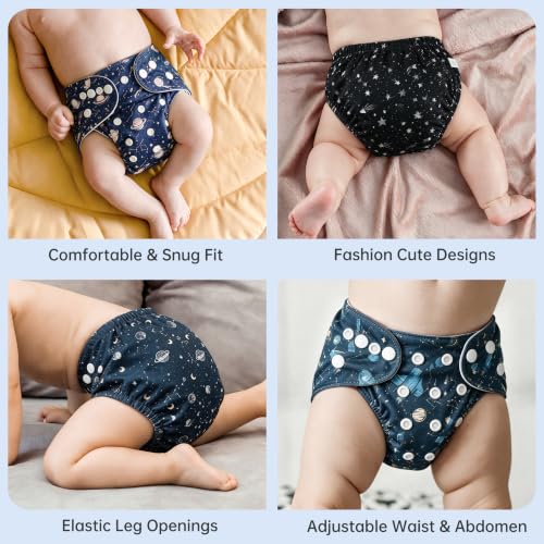Image of wegreeco Cloth Diapers 6 Pack with 6 Inserts & 1 Wet Bag, Washable Cloth Diapers for Babies, One Size Adjustable Reusable (Space Exploration)