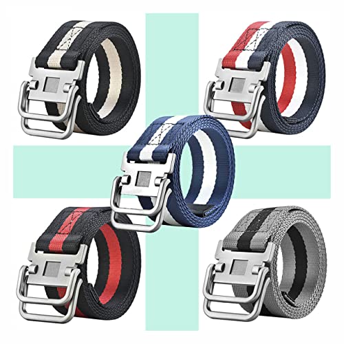 Jasboo Men's Easy Adjustable Double Ring Buckle Golf Belt, Casual Unisex Web Nylon Belt With Metal Tactical Buckle (Blue Stripes, Long / 49.2 Inch) #TOP1