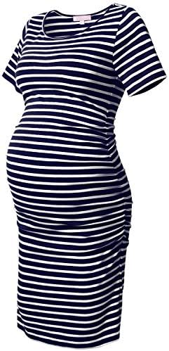 Maternity Dress,Striped Bodycon Maternity Clothes for Women,Casual Short Sleeve Ruched Sides,Navy and White S
