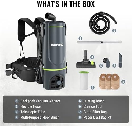 WORKPRO Commercial Backpack Vacuum Cleaner, 6-Quart, 1200W Motor, Lightweight with 23-Foot Long Cord, Portable Vacuum Backpack for Stairs, Carpet and Hard Floors — view 7