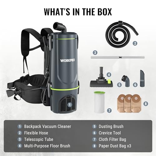 WORKPRO Commercial Backpack Vacuum Cleaner, 6-Quart, 1200W Motor, Lightweight with 23-Foot Long Cord, Portable Vacuum Backpack for Stairs, Carpet and Hard Floors by WORKPRO - Image 8