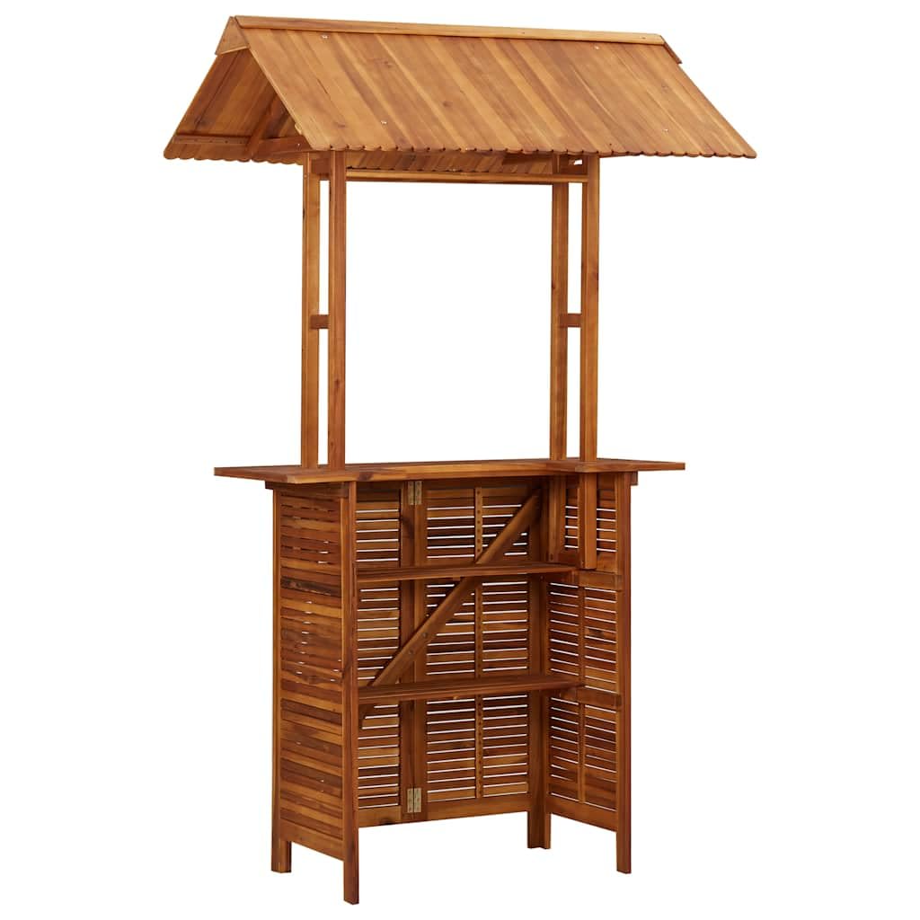 Zewnętrzny stół barowy z dachem z litego drewna akacjowego, 113 x 106 x 217 cm, stabilny stół ogrodowy na taras, balkon, do ogrodu i werandy, idealny do jedzenia, pikniku i na kemping z