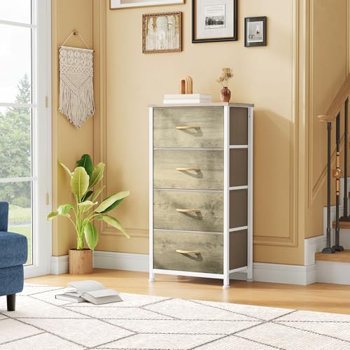 DWVO Dresser with 4 Drawers - Fabric Storage Tower, Organizer Unit for Bedroom, Hallway, Hallway, Closets - Sturdy Steel Frame, Wooden Top & Easy Pull Fabric Bins
