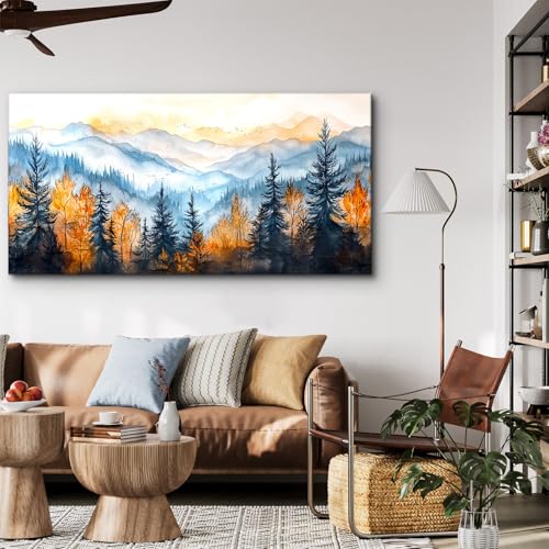 crmotu Landscape Wall Art, Mountain Wall Decor, Oversized Wall Art, Autumn Forest Scenic Watercolor Painting, Modern Pictures Wall Decor Living Room Bedroom Dining Room office Art Prints 30"X60"