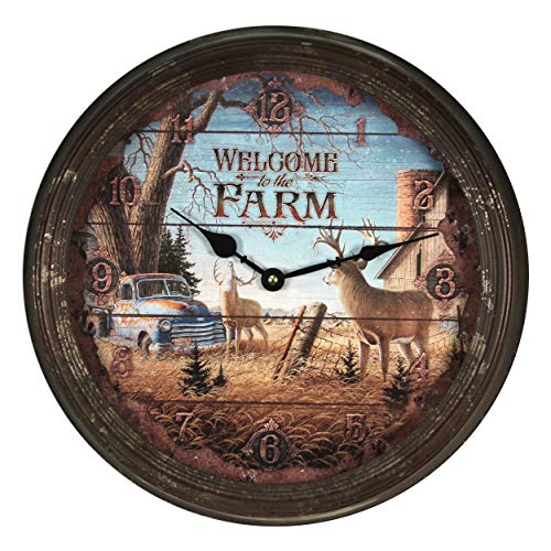 Rivers Edge Products 15 Inch Large Wall Clock Distressed Analog Clock with Tin Frame Rustic Wall Clock for Bedroom Living Room Bathroom Kitchen Office or Cabin Decor Deer Scene