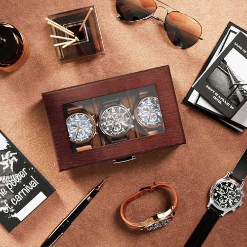 ProCase Drewniane pudełko na zegarki dla mężczyzn, 3-przegródkowe etui do zegarków, organizer na męskie zegarki, drewniane etui na zegarek do przechowywania zegarków, organizer z uchwytem na zegarek z