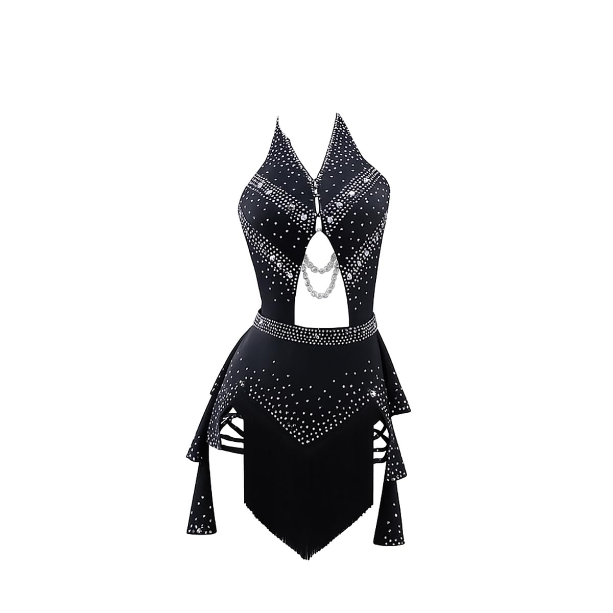 Damen Sexy Rückenfreies Fransen Latein Tanzkleid Ballsaal Salsa Samba Cha Cha Rumba Schwarzes Latein Wettkampfkleid