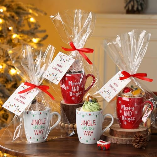 Potchen 4 Set Holiday Sayings Gift Mug Christmas Ceramic Mugs with Packaging Bags Ribbons and Blessing Cards Christmas Tea Cup for Coffee Milk Hot Cocoa Xmas Winter Gifts