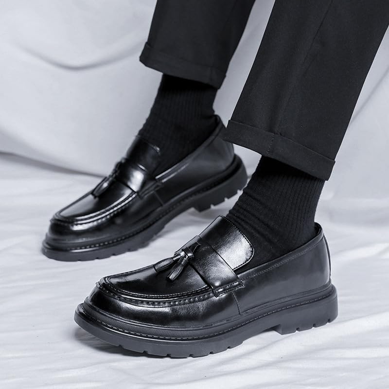 Men's Leather Tassel Platform Slip on Loafers Luxury Round Toe Lug Sole Non-Slip Dress Shoes Casual Low Block Heel Business Work Office Shoes - Image 5