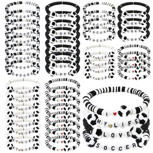 yesaior 48pcs Sports Charm Bracelets, Soccer Softball Basketball Player Gifts Beaded Ball Adjustable Clay Bracelets Jewelry Sports Gifts Supplies for Teen Adults (Soccer1)