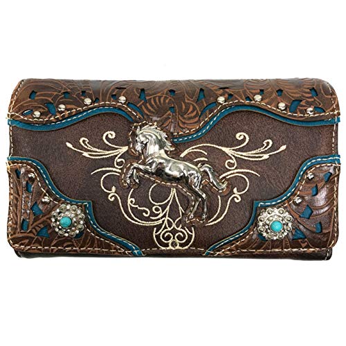 Zelris Western Rearing Horse Embroidered PU Vegan Leather Crossbody Wallet (Brown)