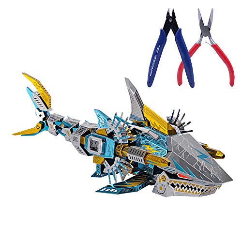 JW-MZPT 3D Metall Puzzle, Tiefsee Tiger Shark Kreative Dekorationen, DIY Pädagogisches Spielzeug für Erwachsene und Kinder, mit Werkzeugen Cover