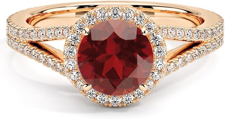 1.00 Carat Round Cut Garnet Split Shank Solitaire With Accent Engagement Ring For Women, 14K Gold Plated 925 Silver January Birthstone Garnet Bridal Side Stone Ring