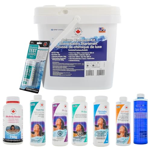CANADIAN SPA CO. Wasserpflege Set Deluxe 8-teilig mit Chlorgranulat, pH Heber und Senker, Alkalinität Heber, Schaum Entferner, Kalkentferner, Hot Tub Klar und Teststreifen, Poolpflege Set