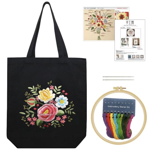 KABAKE Kit de broderie pour sac fourre-tout en toile – Kits de broderie pour débutants avec outils – Sac floral noir avec sac estampé, fils et outils