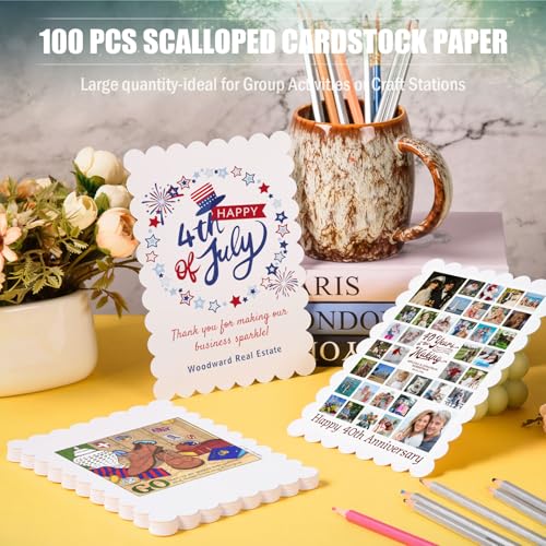MixTeach 100 Pcs White Scalloped Cardstocks 5" x 7" Rectangle Scalloped Edges Cardstock Paper Thick White Card Stock Printer Paper for Cards Making, Crafts, Scrapbook, Invitations, Drawing, Printing by MixTeach - Image 3