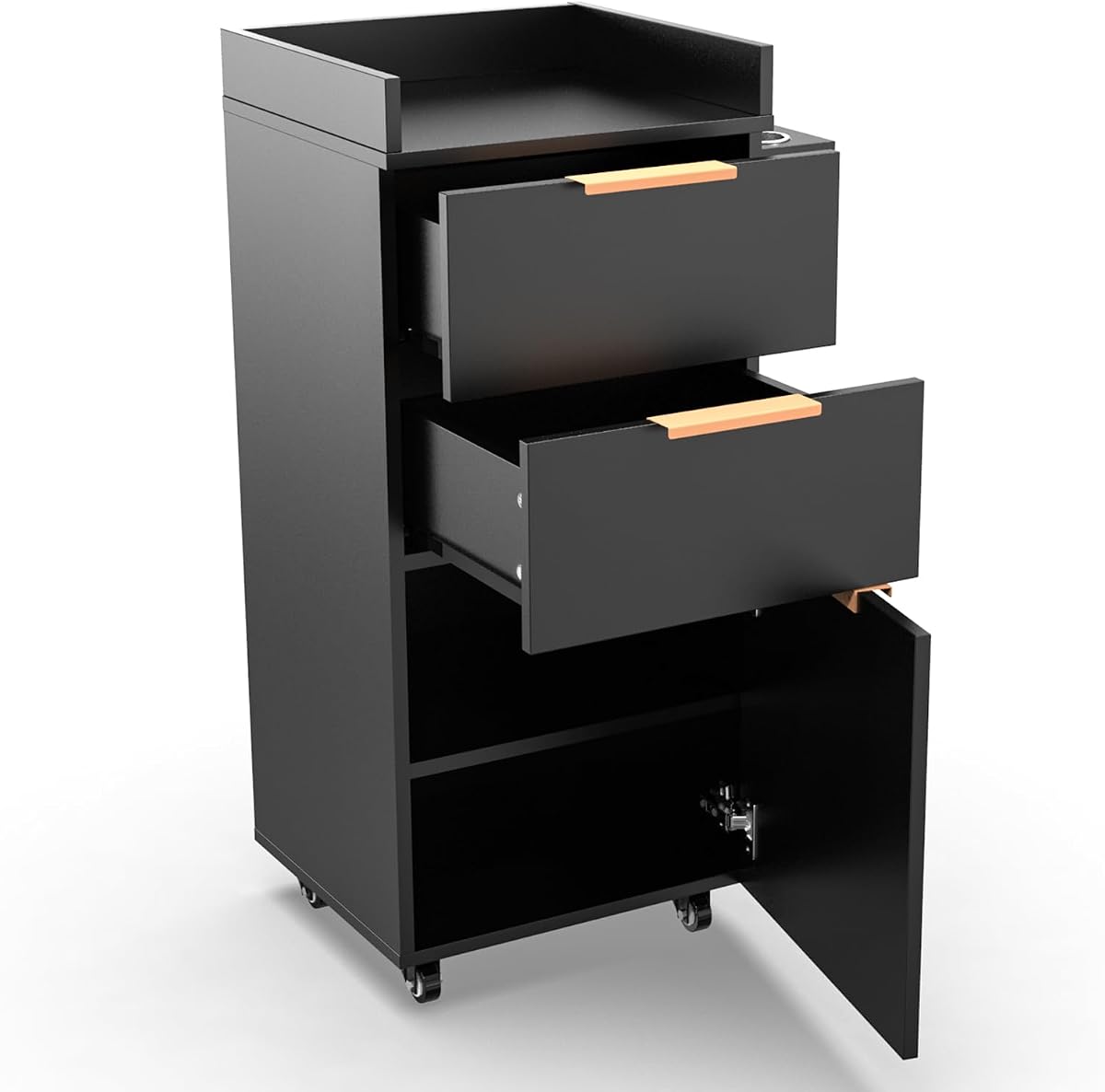 OmySalon Salon Trolley with Wheels, 2 Drawers & 1 Storage Cabinet, Salon Cart for Hair Stylist, Portable Styling Station for Barbershop Beauty Spa, Black