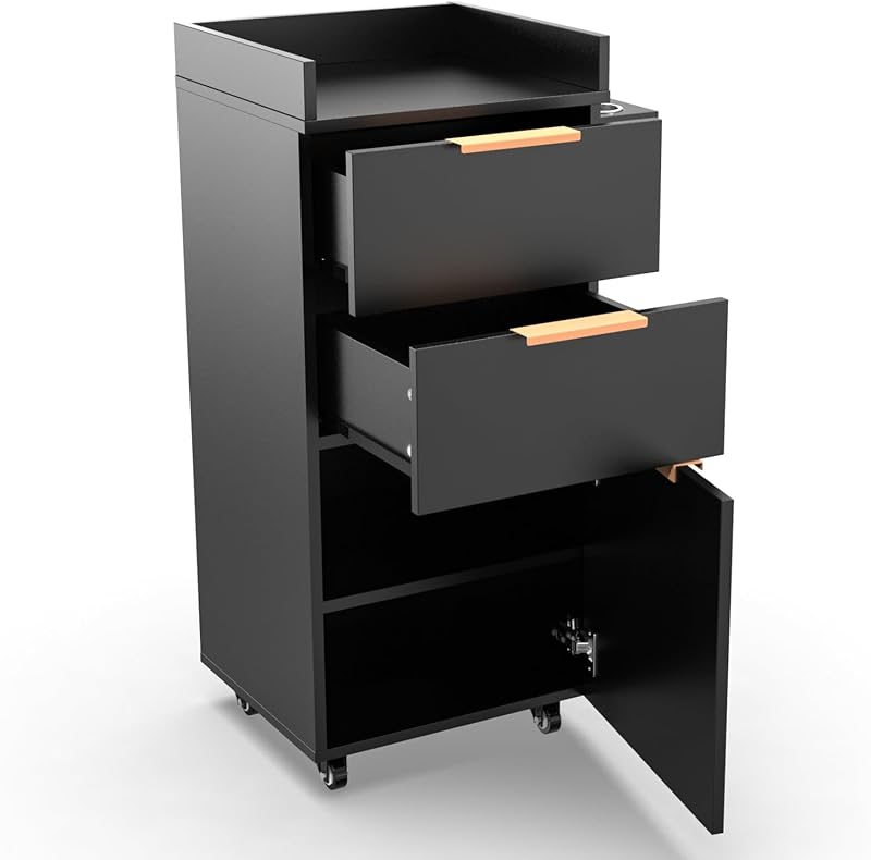 OmySalon Salon Trolley with Wheels, 2 Drawers & 1 Storage Cabinet, Salon Cart for Hair Stylist, Portable Styling Station for Barbershop Beauty Spa, Black
