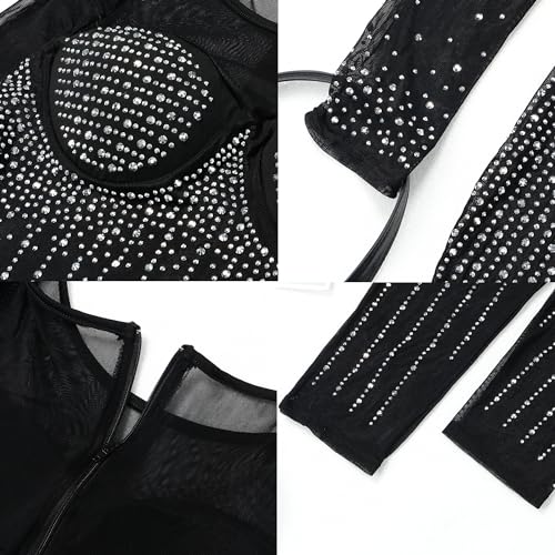 Image of Jigfar Women Sexy Embellished Rhinestone Bodycon Jumpsuit Mesh See Through Patchwork Birthday Party Night Out Clubwear