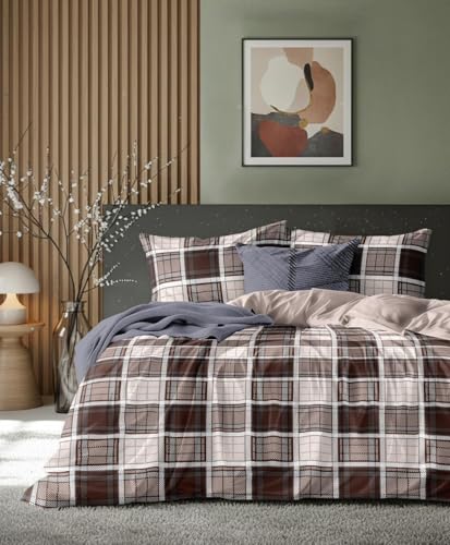 Image of VOMZER 320 TC Cotton Feel All Around Elastic Fitted Bedsheets King Size, Premium Fitted Bedsheets King Size for Double Bed with 2 Pillow Covers, Size- 78 inch x 72 inch (Coffee Check)