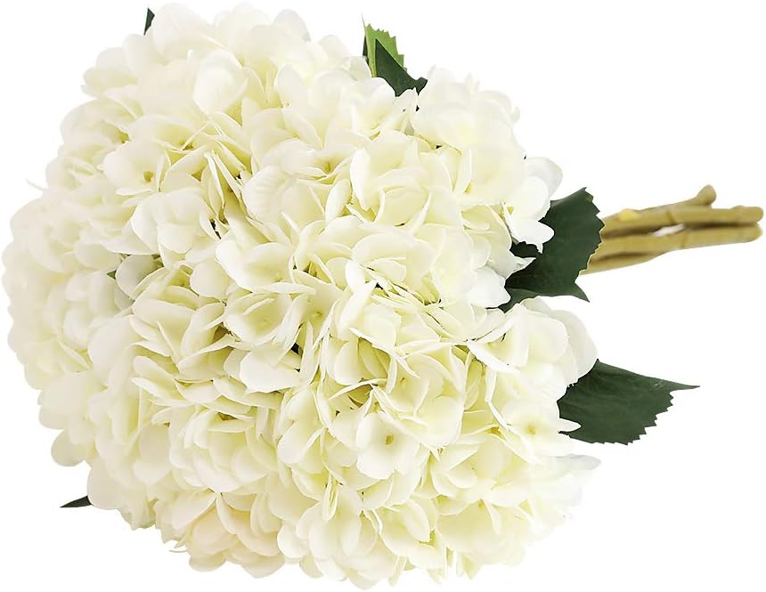 Tifuly Artificial Hydrangea Flower, 5 x Simple Long Silk Stem 6.3 Inches Head Hydrangea Bouquets for Wedding, Home, Hotel, Party Decoration, Floral Arrangement (White)