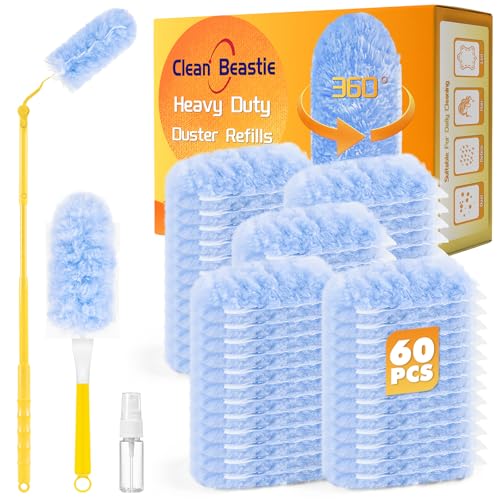 Clean Beastie 60 PCS Duster Refills for Swiffer Duster, 360 Heavy Duty Duster Refills with 3 FT Extended Handle and Short Handle, Disposable Dusters for Cleaning Ceiling Fan, Blinds, Vent, Furniture