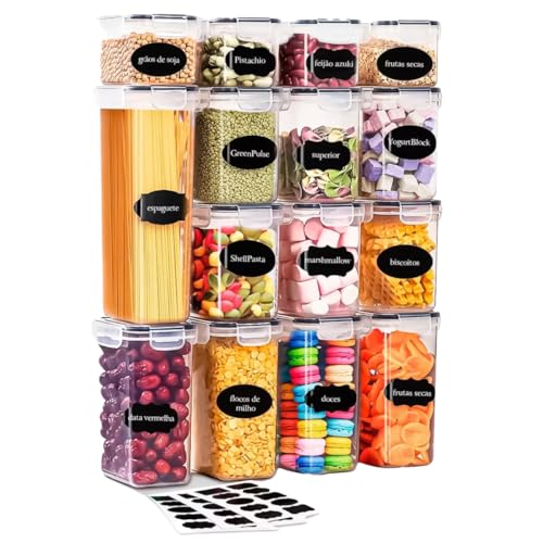 LEUZZA Conjunto Kit 15 Pote Hermético Tampa para Organização Alimentos Armário Cozinha Porta Mantime