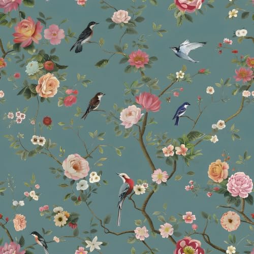 CHIHUT Vintage Chinoiserie Floral Bird Peel and Stick Wallpaper Teal Blue