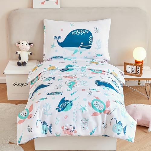 Image of STYHO Ocean Theme Cot Bedding Sets Reversible Whales Toddler Duvet Cover Set Ultra Soft Breathable Blue Under the Sea Duvet Cover for Girls Boys(Whales, Cot Bed)